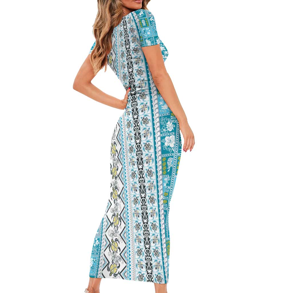 Hawaii Makahiki Turtle Family Matching Short Sleeve Bodycon Dress and Hawaiian Shirt Blue Tapa Pattern LT05 - Polynesian Pride