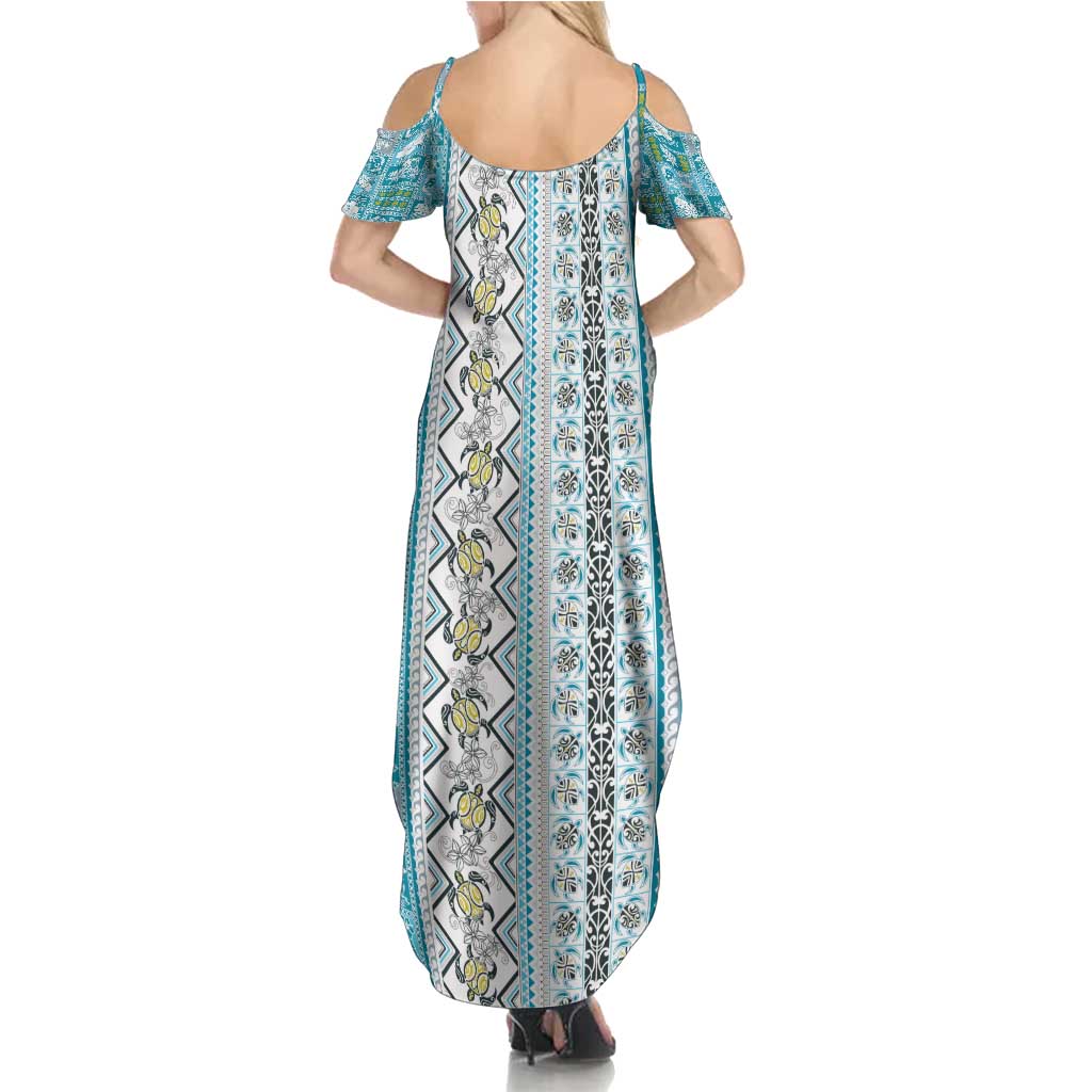 Hawaii Makahiki Turtle Family Matching Summer Maxi Dress and Hawaiian Shirt Blue Tapa Pattern - Polynesian Pride