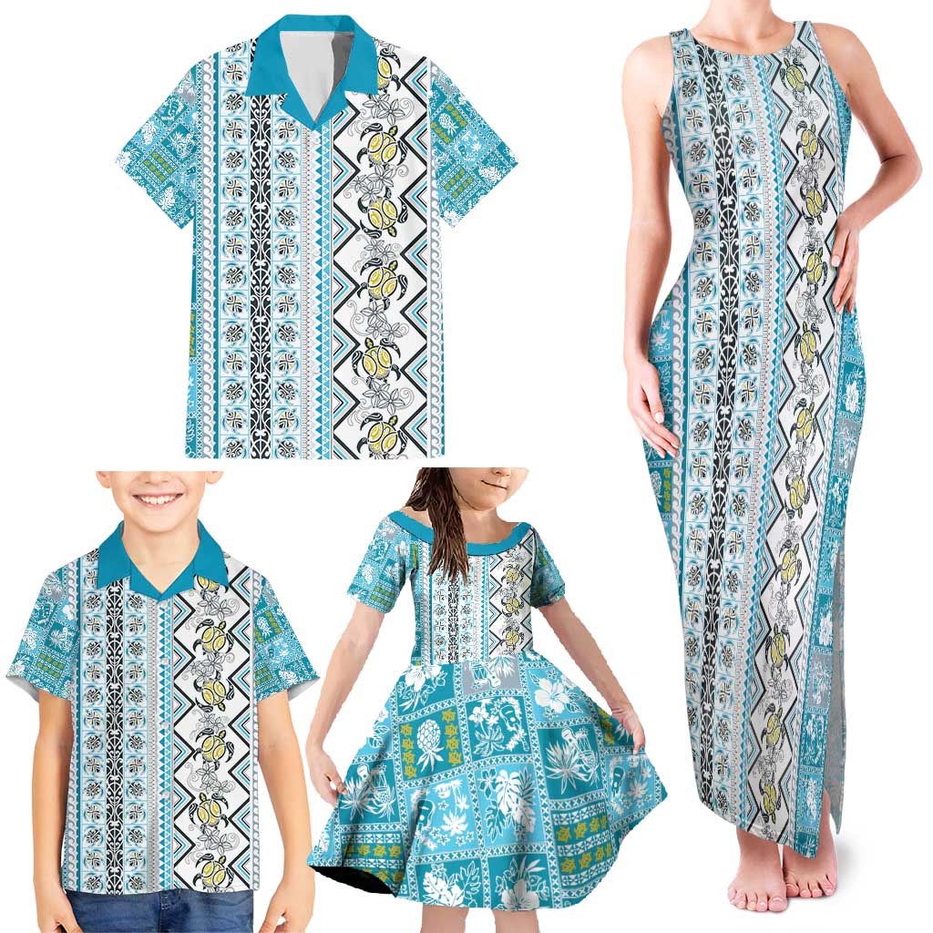 Hawaii Makahiki Turtle Family Matching Tank Maxi Dress and Hawaiian Shirt Blue Tapa Pattern LT05 - Polynesian Pride