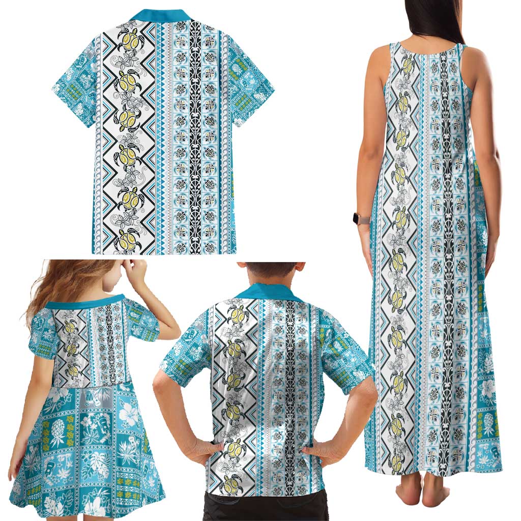 Hawaii Makahiki Turtle Family Matching Tank Maxi Dress and Hawaiian Shirt Blue Tapa Pattern LT05 - Polynesian Pride