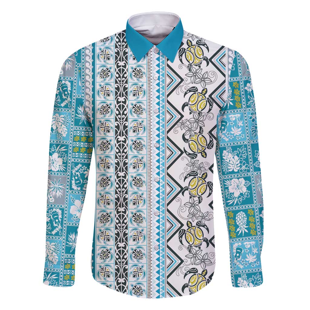 Hawaii Makahiki Turtle Family Matching Tank Maxi Dress and Hawaiian Shirt Blue Tapa Pattern LT05 Dad's Shirt - Long Sleeve Blue - Polynesian Pride