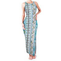 Hawaii Makahiki Turtle Family Matching Tank Maxi Dress and Hawaiian Shirt Blue Tapa Pattern LT05 Mom's Dress Blue - Polynesian Pride