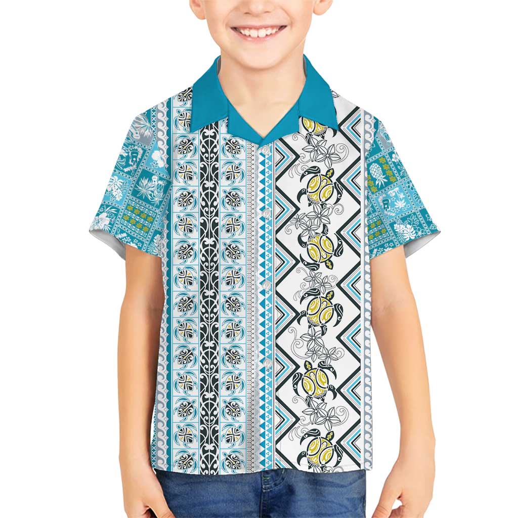 Hawaii Makahiki Turtle Family Matching Tank Maxi Dress and Hawaiian Shirt Blue Tapa Pattern LT05 Son's Shirt Blue - Polynesian Pride