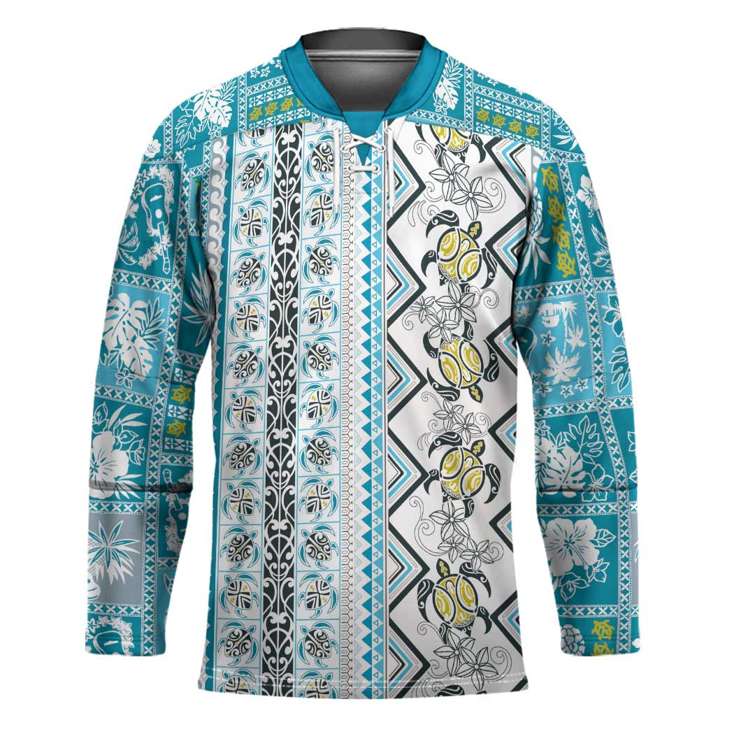 Hawaii Makahiki Turtle Hockey Jersey Blue Tapa Pattern - Polynesian Pride