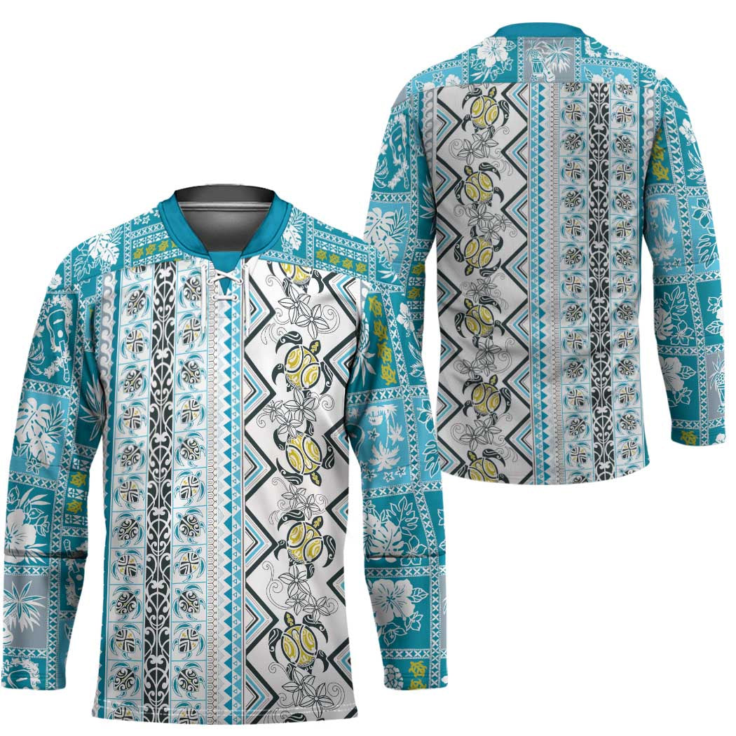 Hawaii Makahiki Turtle Hockey Jersey Blue Tapa Pattern - Polynesian Pride