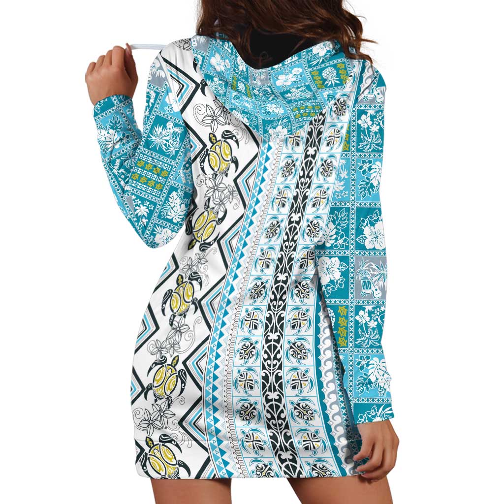 Hawaii Makahiki Turtle Hoodie Dress Blue Tapa Pattern - Polynesian Pride