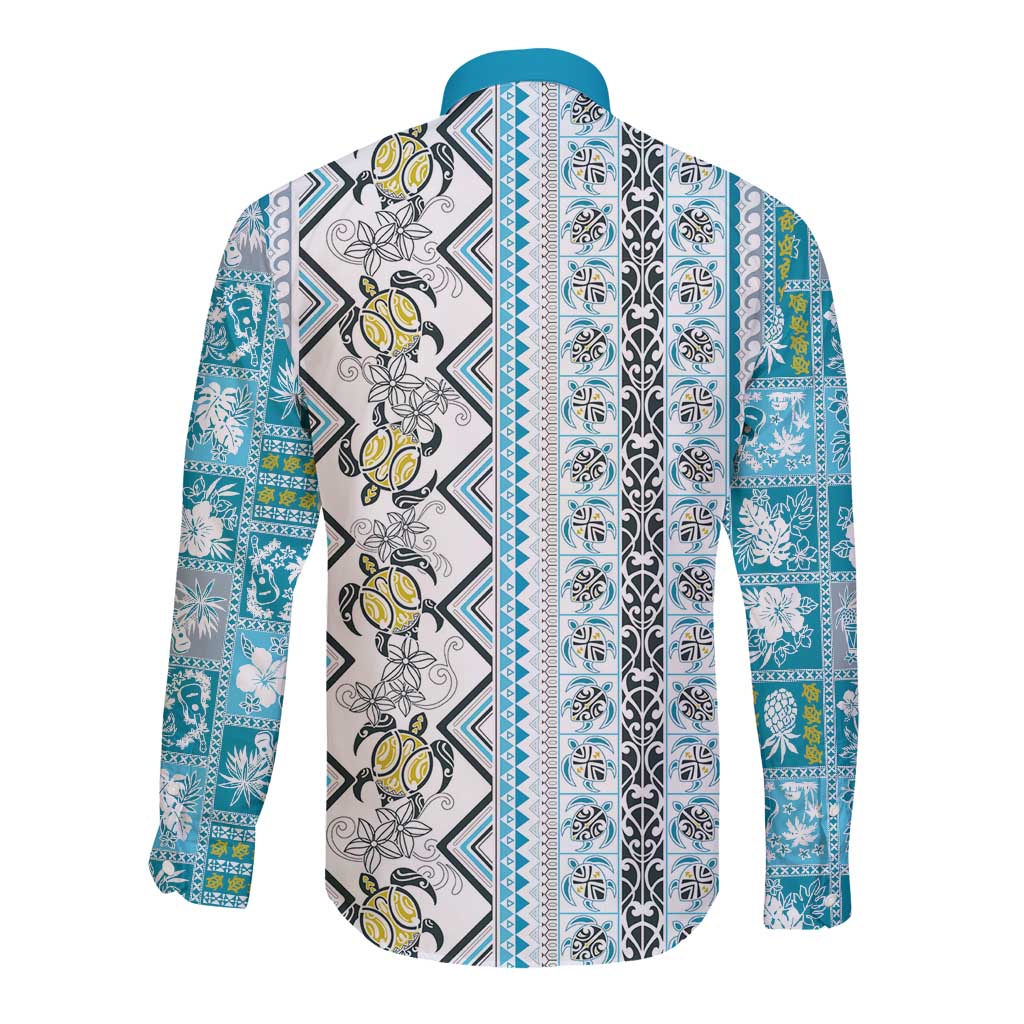 Hawaii Makahiki Turtle Long Sleeve Button Shirt Blue Tapa Pattern - Polynesian Pride