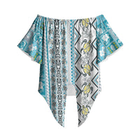 Hawaii Makahiki Turtle Off Shoulder Wrap Waist Top Blue Tapa Pattern LT05 Blue - Polynesian Pride