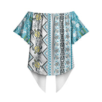 Hawaii Makahiki Turtle Off Shoulder Wrap Waist Top Blue Tapa Pattern LT05 - Polynesian Pride