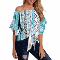 Hawaii Makahiki Turtle Off Shoulder Wrap Waist Top Blue Tapa Pattern LT05 - Polynesian Pride
