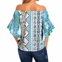 Hawaii Makahiki Turtle Off Shoulder Wrap Waist Top Blue Tapa Pattern LT05 - Polynesian Pride