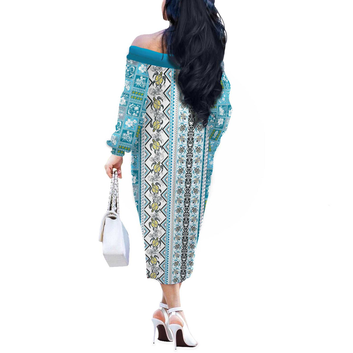 Hawaii Makahiki Turtle Off The Shoulder Long Sleeve Dress Blue Tapa Pattern - Polynesian Pride