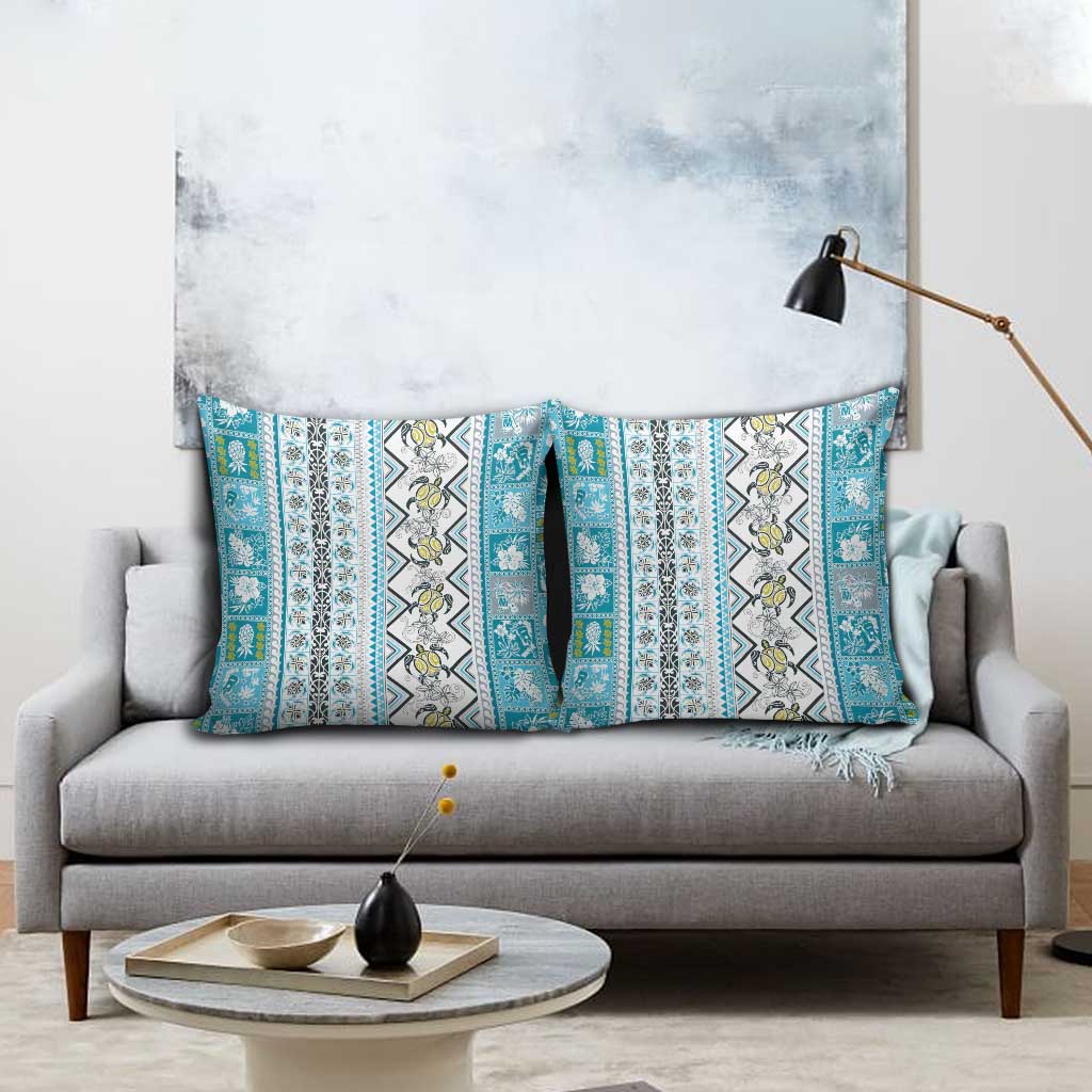 Hawaii Makahiki Turtle Pillow Cover Blue Tapa Pattern - Polynesian Pride