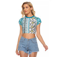 Hawaii Makahiki Turtle Raglan Cropped T Shirt Blue Tapa Pattern LT05 Female Blue - Polynesian Pride
