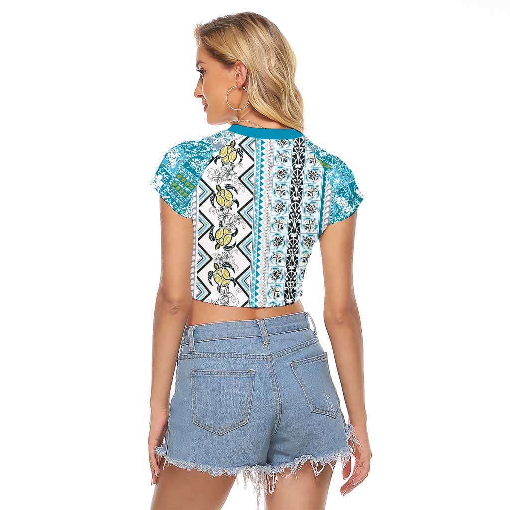 Hawaii Makahiki Turtle Raglan Cropped T Shirt Blue Tapa Pattern LT05 - Polynesian Pride