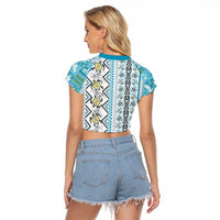 Hawaii Makahiki Turtle Raglan Cropped T Shirt Blue Tapa Pattern LT05 - Polynesian Pride