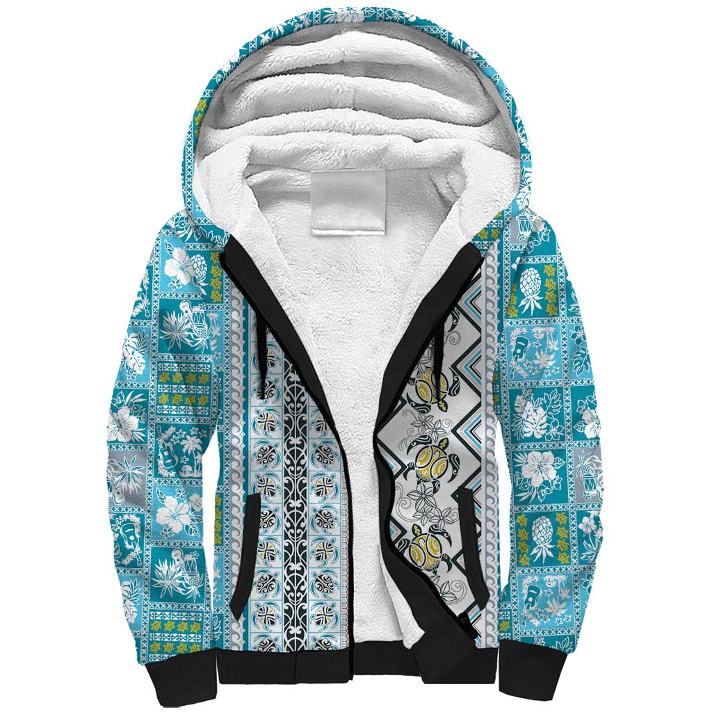 Hawaii Makahiki Turtle Sherpa Hoodie Blue Tapa Pattern - Polynesian Pride