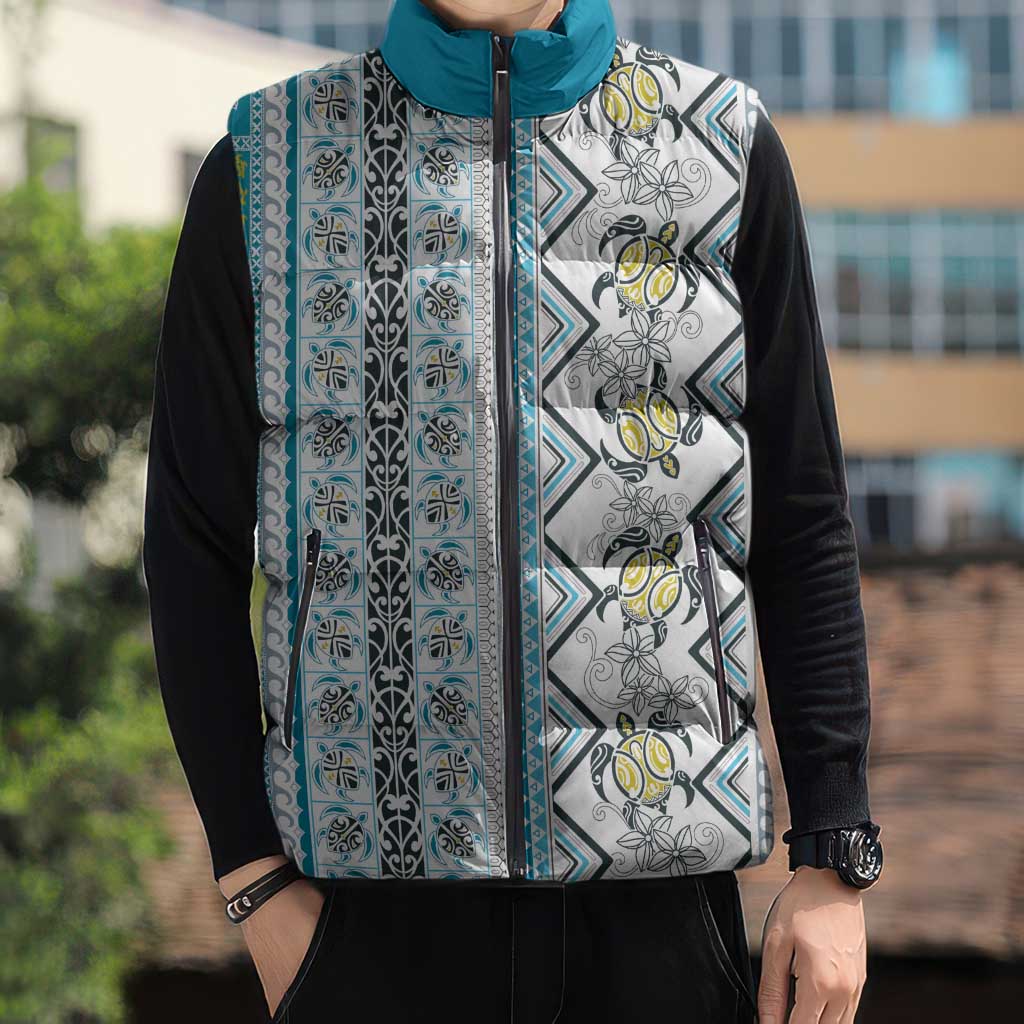 Hawaii Makahiki Turtle Sleeveless Puffer Jacket Blue Tapa Pattern - Polynesian Pride