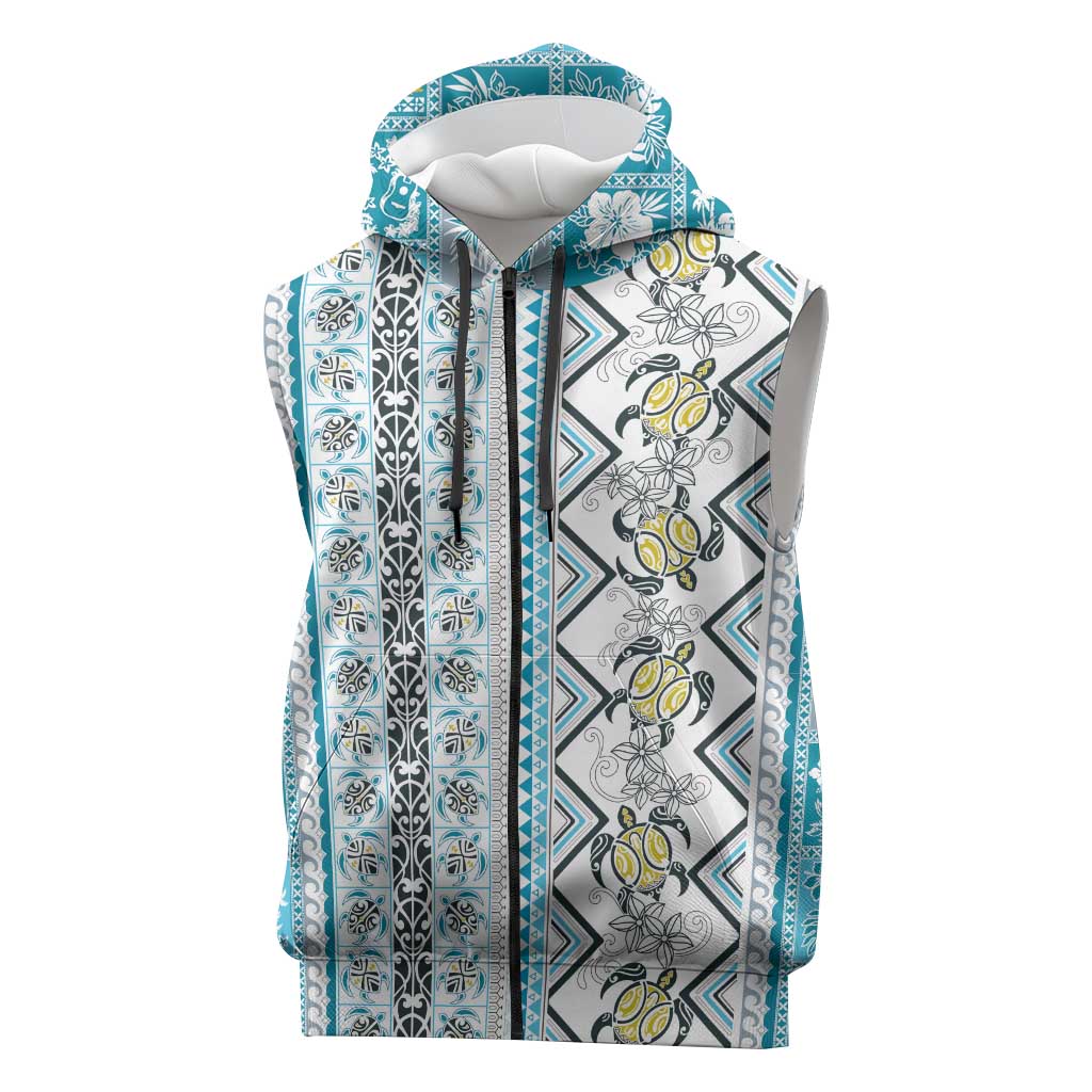 Hawaii Makahiki Turtle Sleeveless Zip Hoodie Blue Tapa Pattern - Polynesian Pride
