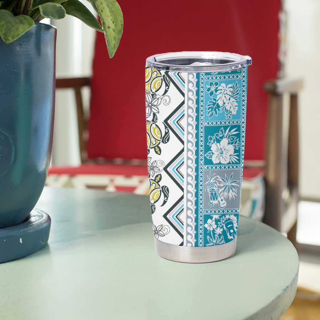 Hawaii Makahiki Turtle Tumbler Cup Blue Tapa Pattern - Polynesian Pride