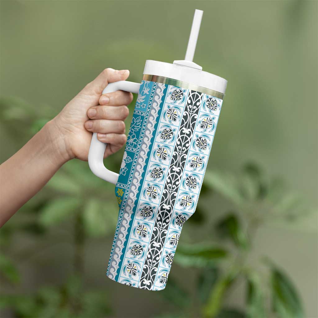 Hawaii Makahiki Turtle Tumbler With Handle Blue Tapa Pattern - Polynesian Pride
