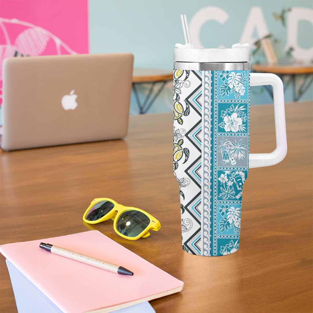 Hawaii Makahiki Turtle Tumbler With Handle Blue Tapa Pattern - Polynesian Pride