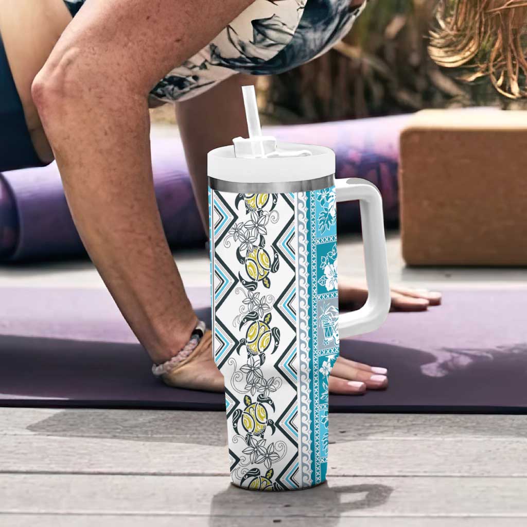 Hawaii Makahiki Turtle Tumbler With Handle Blue Tapa Pattern - Polynesian Pride