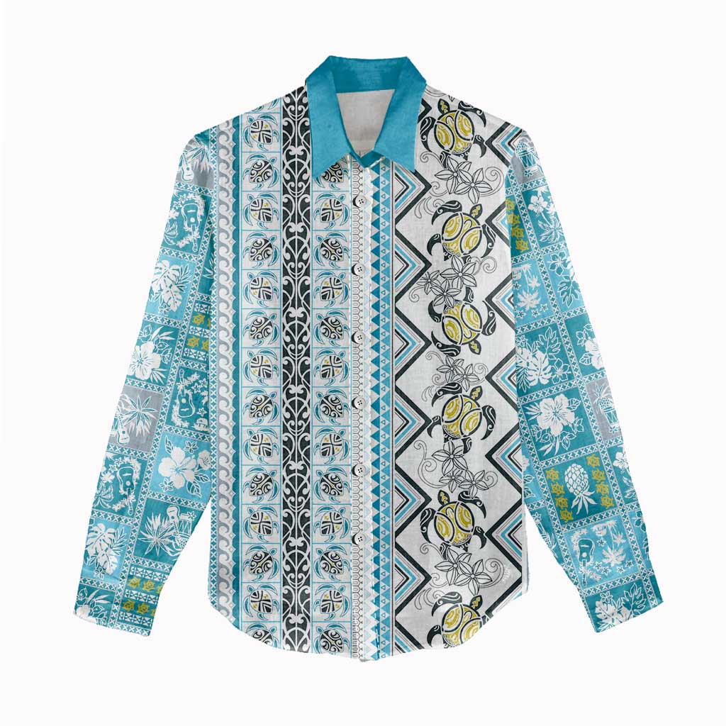 Hawaii Makahiki Turtle Women Casual Shirt Blue Tapa Pattern - Polynesian Pride