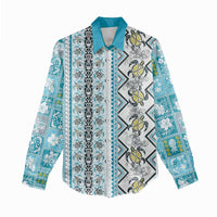 Hawaii Makahiki Turtle Women Casual Shirt Blue Tapa Pattern - Polynesian Pride