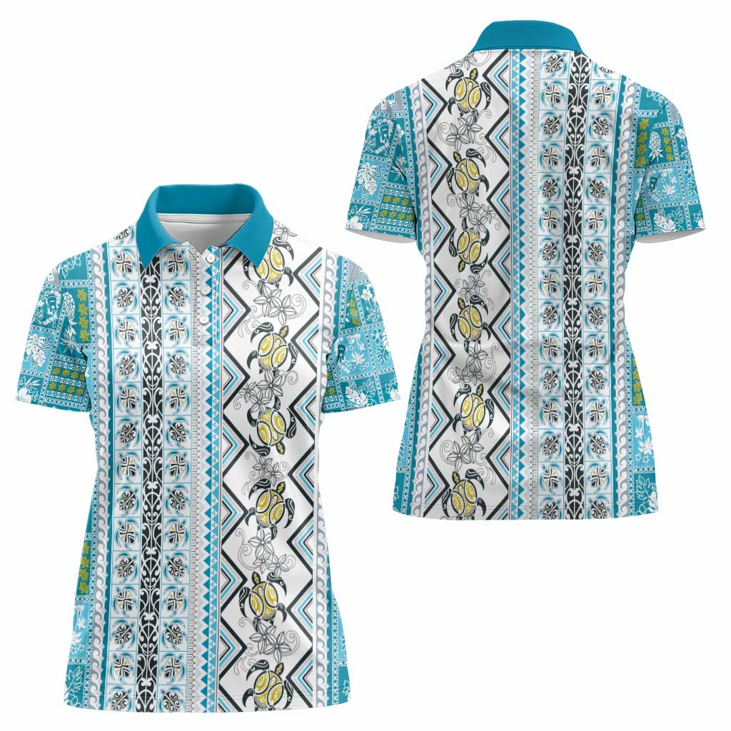 Hawaii Makahiki Turtle Women Polo Shirt Blue Tapa Pattern - Polynesian Pride