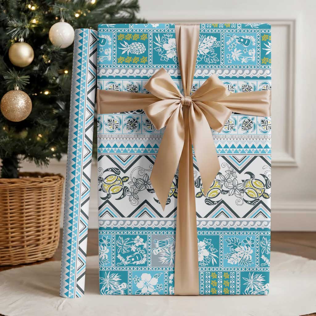 Hawaii Makahiki Turtle Wrapping Paper Blue Tapa Pattern - Polynesian Pride