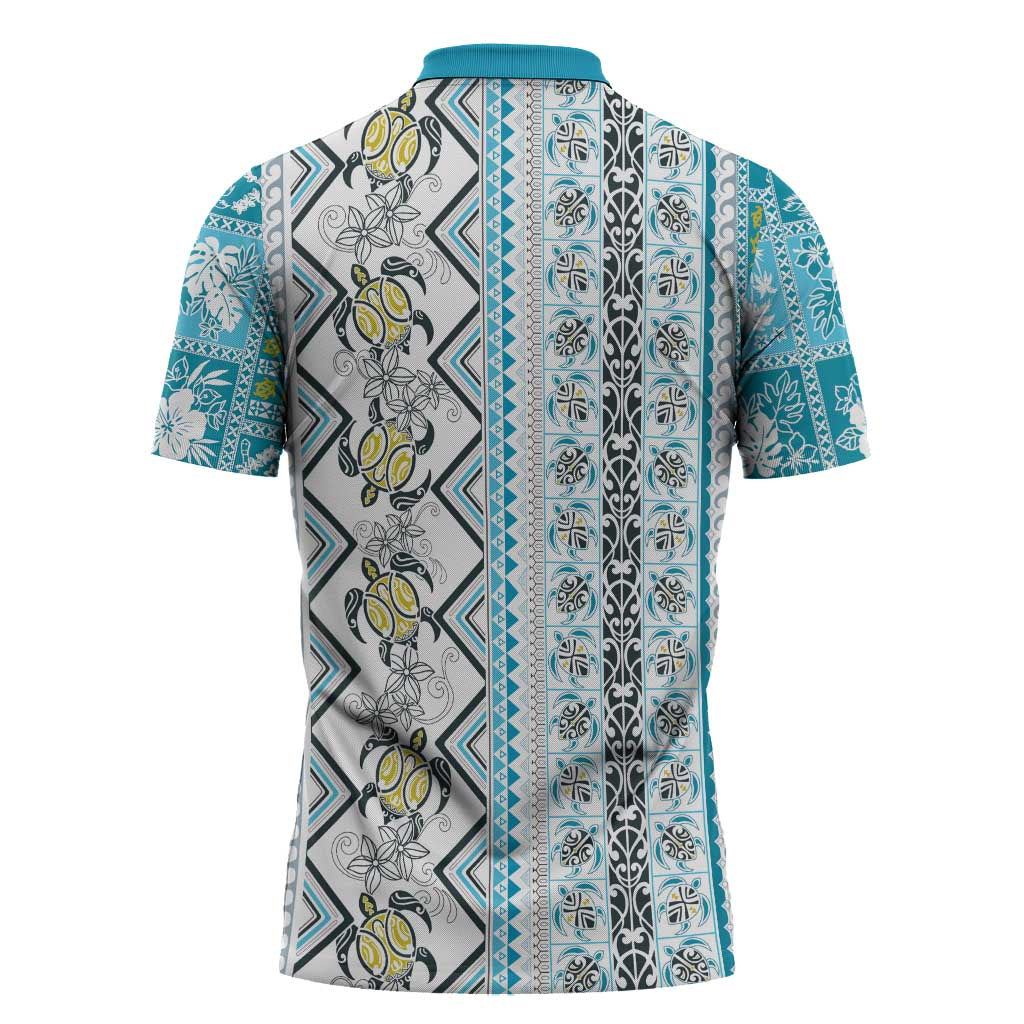 Hawaii Makahiki Turtle Zipper Polo Shirt Blue Tapa Pattern - Polynesian Pride