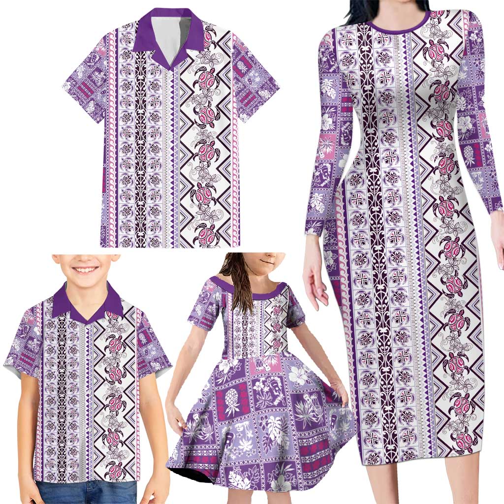Hawaii Makahiki Turtle Family Matching Long Sleeve Bodycon Dress and Hawaiian Shirt Violet Tapa Pattern LT05 - Polynesian Pride