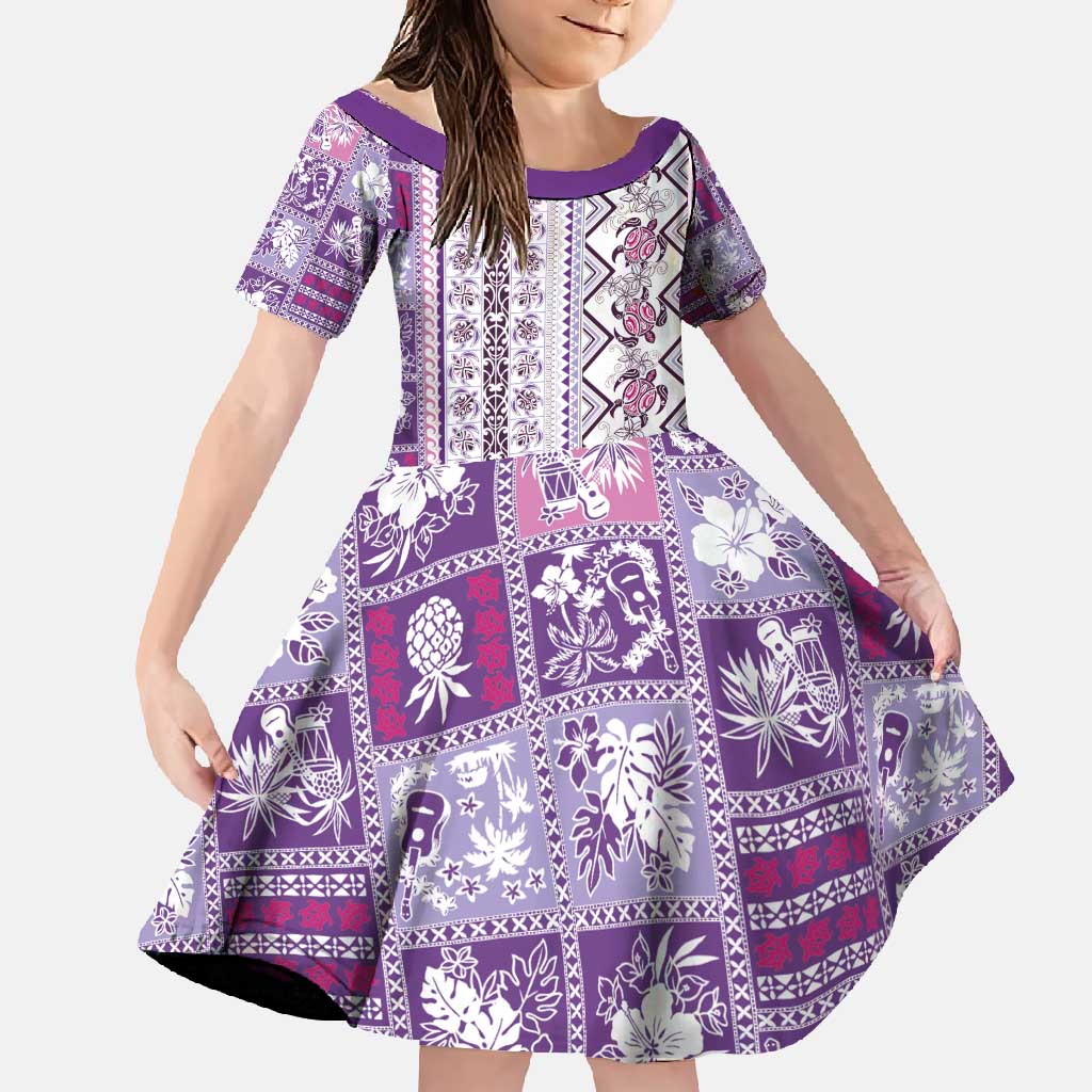 Hawaii Makahiki Turtle Family Matching Mermaid Dress and Hawaiian Shirt Violet Tapa Pattern LT05 Daughter's Dress Violet - Polynesian Pride