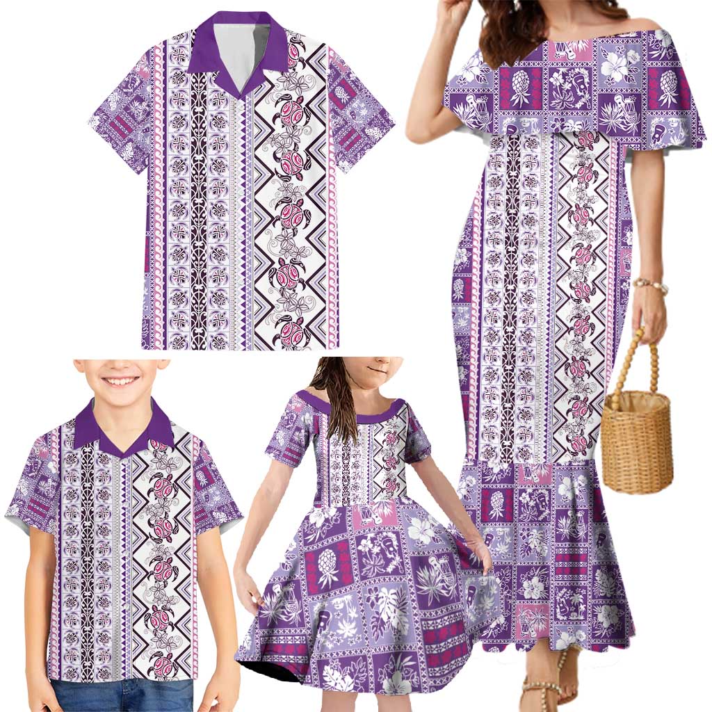 Hawaii Makahiki Turtle Family Matching Mermaid Dress and Hawaiian Shirt Violet Tapa Pattern LT05 - Polynesian Pride