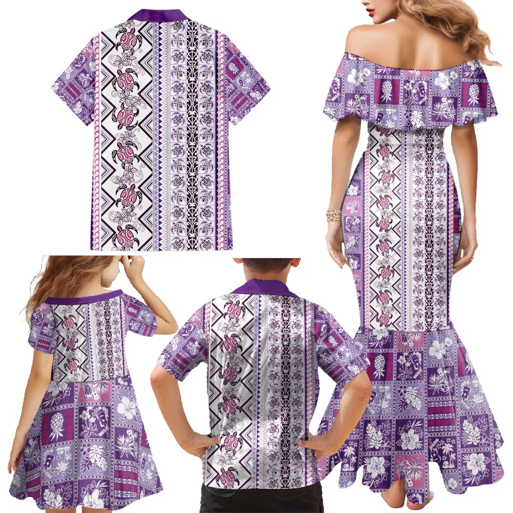 Hawaii Makahiki Turtle Family Matching Mermaid Dress and Hawaiian Shirt Violet Tapa Pattern LT05 - Polynesian Pride