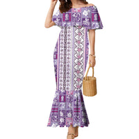 Hawaii Makahiki Turtle Family Matching Mermaid Dress and Hawaiian Shirt Violet Tapa Pattern LT05 Mom's Dress Violet - Polynesian Pride