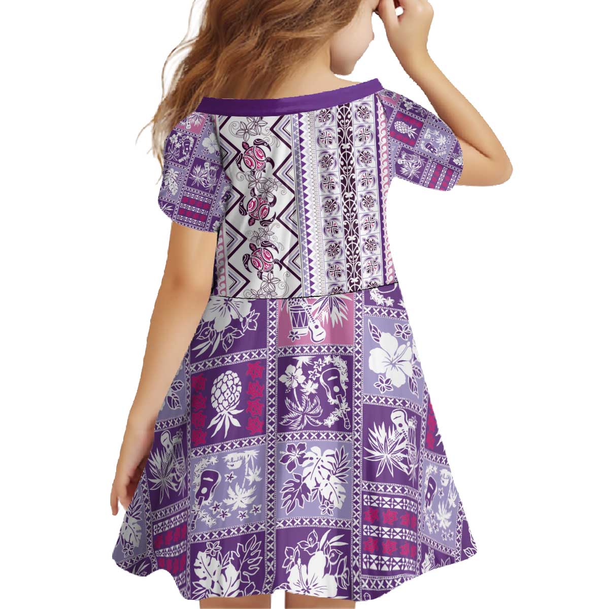 Hawaii Makahiki Turtle Family Matching Off The Shoulder Long Sleeve Dress and Hawaiian Shirt Violet Tapa Pattern LT05 - Polynesian Pride