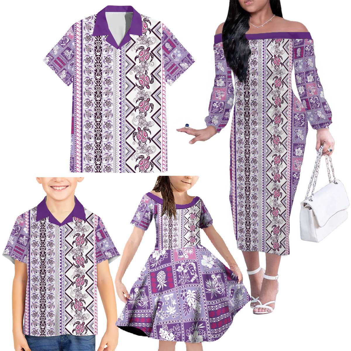 Hawaii Makahiki Turtle Family Matching Off The Shoulder Long Sleeve Dress and Hawaiian Shirt Violet Tapa Pattern LT05 - Polynesian Pride