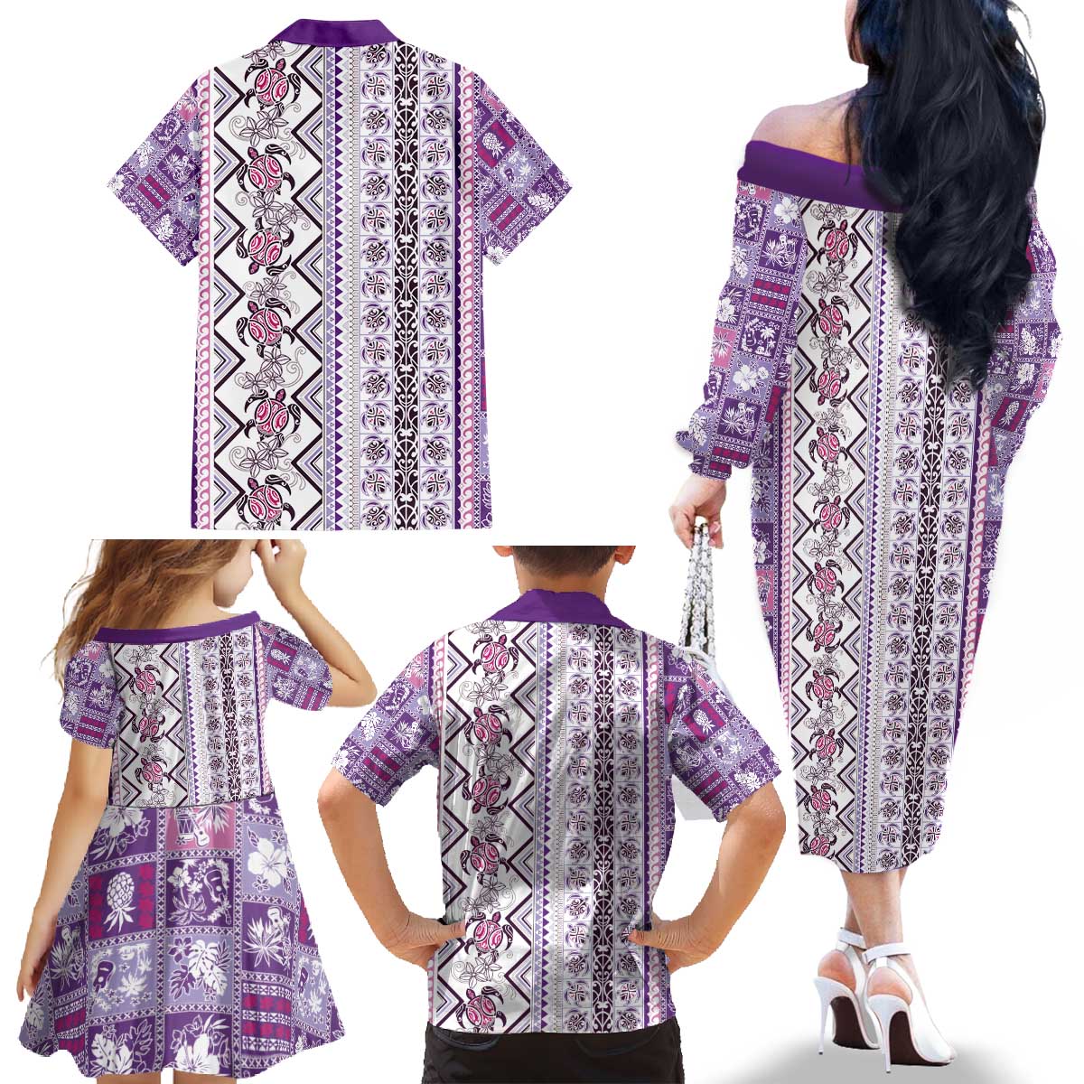 Hawaii Makahiki Turtle Family Matching Off The Shoulder Long Sleeve Dress and Hawaiian Shirt Violet Tapa Pattern LT05 - Polynesian Pride