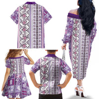 Hawaii Makahiki Turtle Family Matching Off The Shoulder Long Sleeve Dress and Hawaiian Shirt Violet Tapa Pattern LT05 - Polynesian Pride