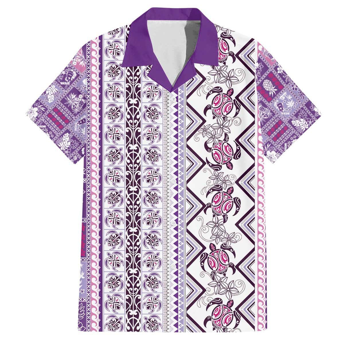 Hawaii Makahiki Turtle Family Matching Off The Shoulder Long Sleeve Dress and Hawaiian Shirt Violet Tapa Pattern LT05 Dad's Shirt - Short Sleeve Violet - Polynesian Pride