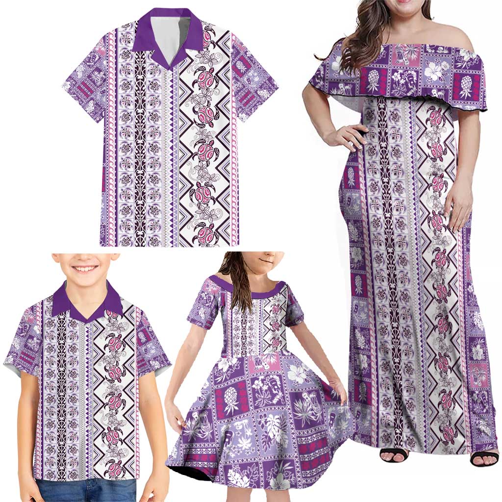 Hawaii Makahiki Turtle Family Matching Off Shoulder Maxi Dress and Hawaiian Shirt Violet Tapa Pattern LT05 - Polynesian Pride