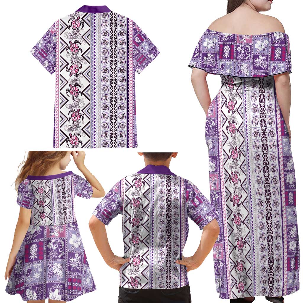 Hawaii Makahiki Turtle Family Matching Off Shoulder Maxi Dress and Hawaiian Shirt Violet Tapa Pattern LT05 - Polynesian Pride