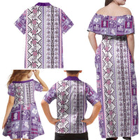 Hawaii Makahiki Turtle Family Matching Off Shoulder Maxi Dress and Hawaiian Shirt Violet Tapa Pattern LT05 - Polynesian Pride