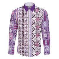 Hawaii Makahiki Turtle Family Matching Off Shoulder Maxi Dress and Hawaiian Shirt Violet Tapa Pattern LT05 Dad's Shirt - Long Sleeve Violet - Polynesian Pride