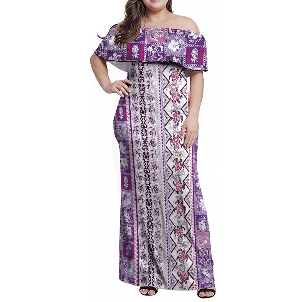 Hawaii Makahiki Turtle Family Matching Off Shoulder Maxi Dress and Hawaiian Shirt Violet Tapa Pattern LT05 Mom's Dress Violet - Polynesian Pride