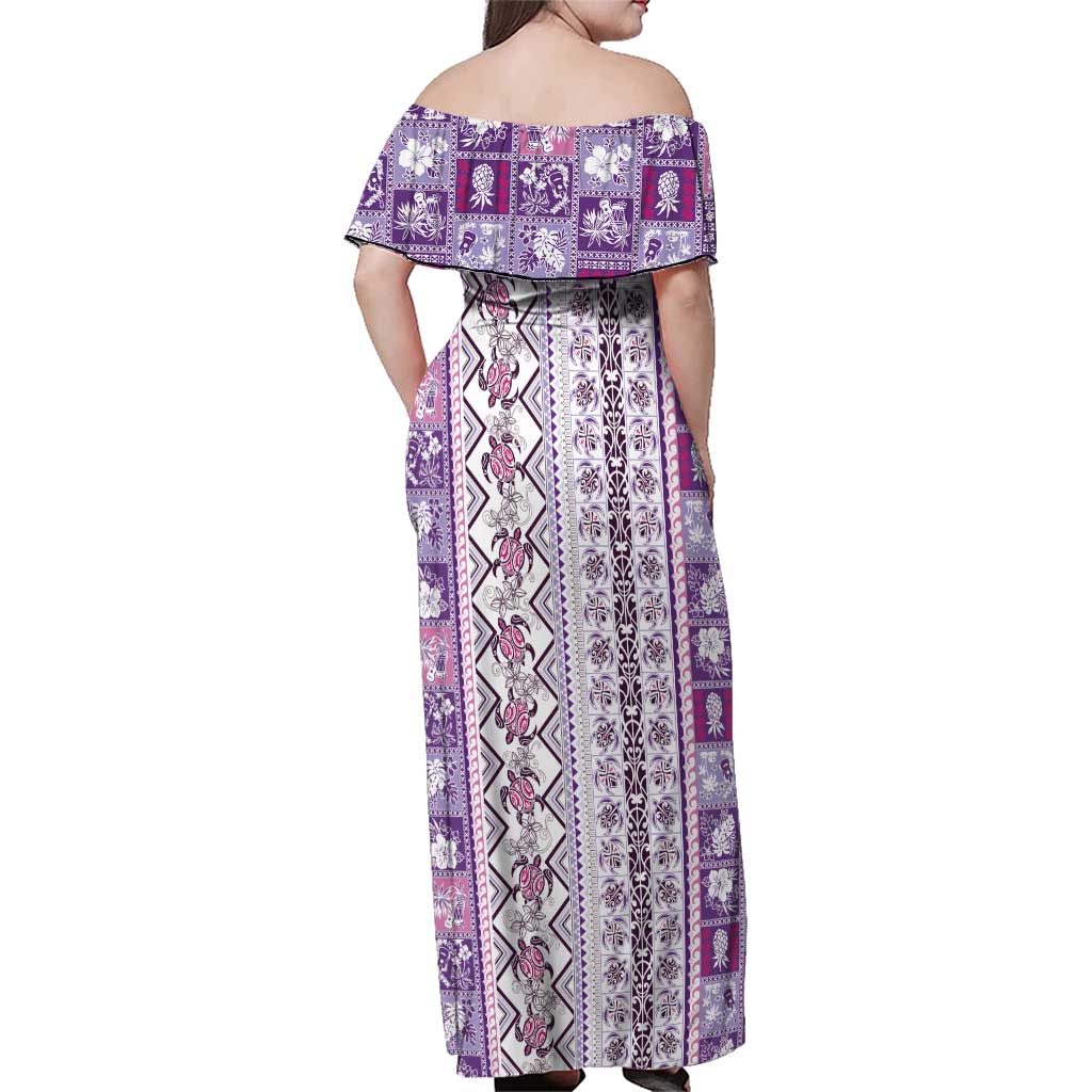 Hawaii Makahiki Turtle Family Matching Off Shoulder Maxi Dress and Hawaiian Shirt Violet Tapa Pattern LT05 - Polynesian Pride