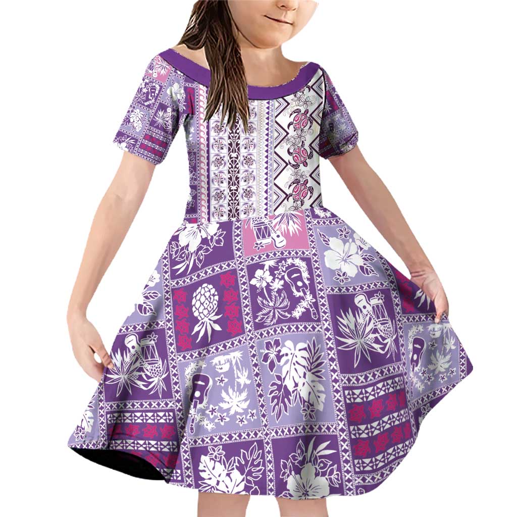 Hawaii Makahiki Turtle Family Matching Off Shoulder Short Dress and Hawaiian Shirt Violet Tapa Pattern LT05 Daughter's Dress Violet - Polynesian Pride
