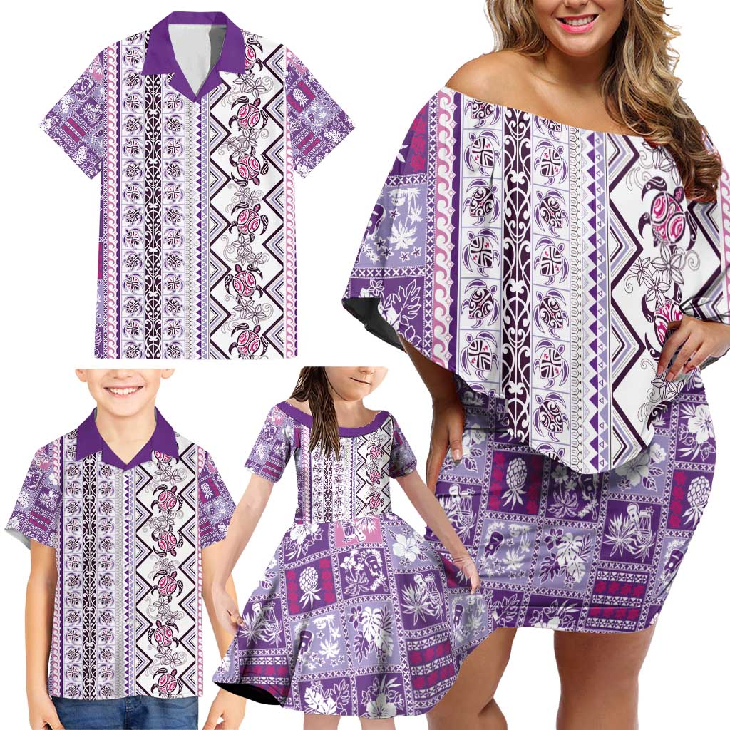 Hawaii Makahiki Turtle Family Matching Off Shoulder Short Dress and Hawaiian Shirt Violet Tapa Pattern LT05 - Polynesian Pride